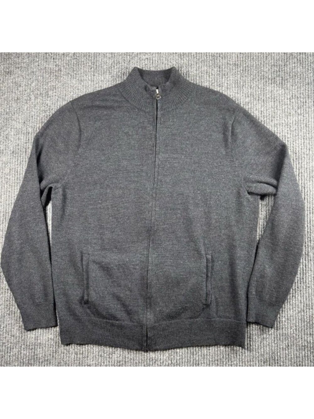J Crew Sweater Mens XL Gray Full Zip Mock Neck 100% Merino Wool Knit Cardigan